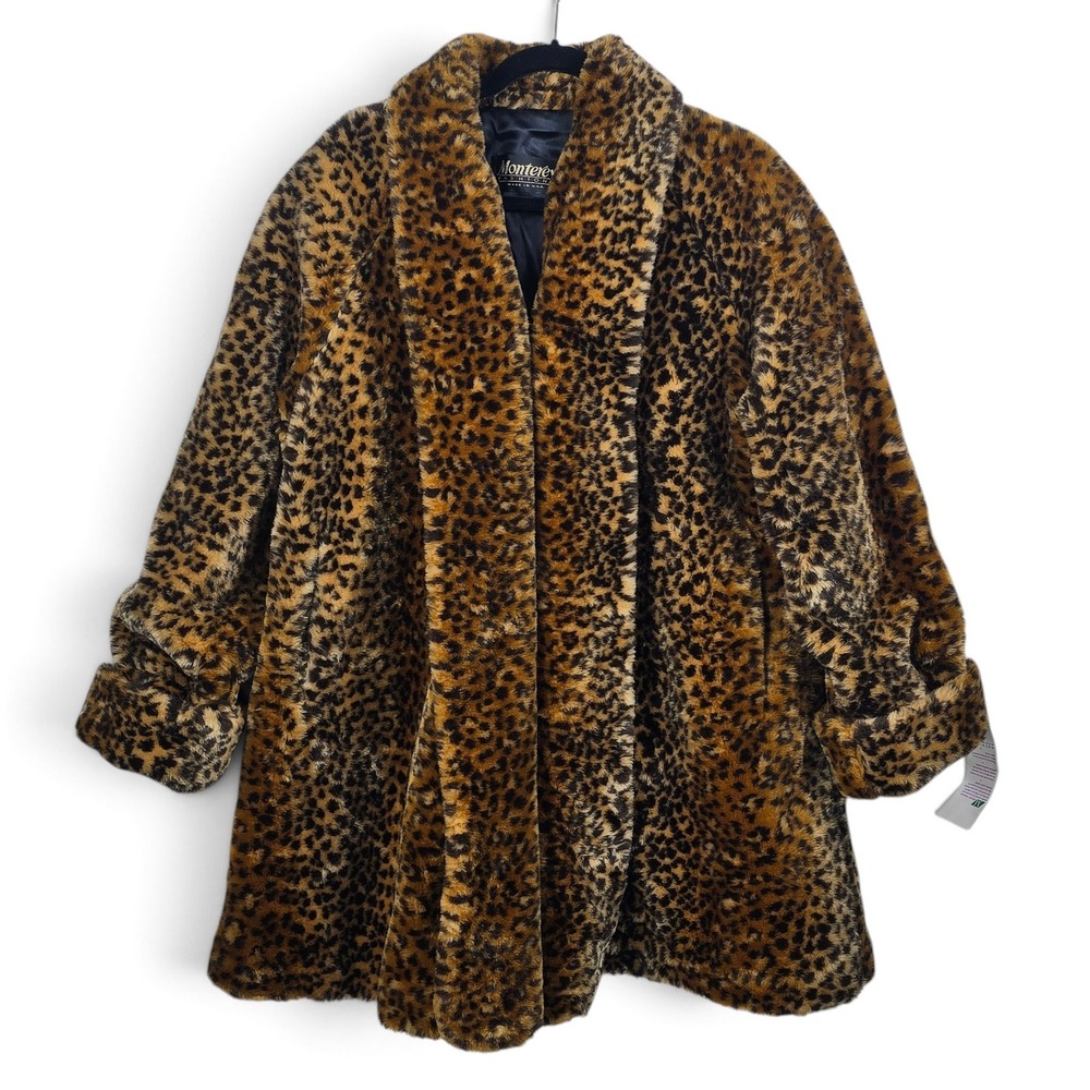 Vintage Monterey Fashions Coat Womens M Carmel Cheetah Faux Fur NWT Made in USA